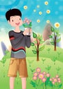 boy holding flower pot in hands. Vector illustration decorative design Royalty Free Stock Photo