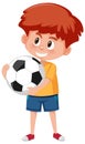 Boy holding football cartoon character isolated on white background