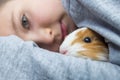 Boy holding a guinea pig. A child hugs a guinea pig. Pet care concept Royalty Free Stock Photo