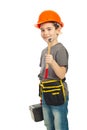 Boy holding hammer and tools box