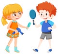 A boy holding hand mirror and a girl holding hair dryer Royalty Free Stock Photo