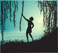 Boy holding liana silhouette in the cave and look at beautiful sea morning and sun rise, Peter Pan, Royalty Free Stock Photo