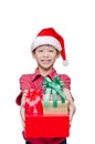 Boy holding many present boxes and smiles Royalty Free Stock Photo