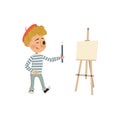 Boy holding a pencil. Artist easel. Isolated on white background. Vector cartoon illustration in flat style