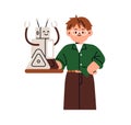 Boy holding robot model. School child studying robotics, technology, engineering. Elementary kid, tech student in