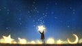 Boy holding the star up in the sky Royalty Free Stock Photo