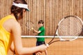 Boy holding tennis ball and racket, starting set Royalty Free Stock Photo