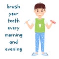The boy is holding a Toothbrush and toothpaste. A cartoon character, cute child in pajamas and Slippers stands and smiles. Oral Royalty Free Stock Photo