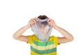 Boy holding a trasparent glitter slime in front of his face. Studio shot, isolated on white Royalty Free Stock Photo