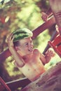 Boy holding watermelon as hat Royalty Free Stock Photo