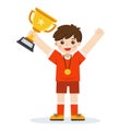 A boy holding winner cup, kid celebrating his victory Royalty Free Stock Photo