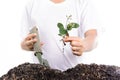 Boy holding young plant in hands above soil Royalty Free Stock Photo