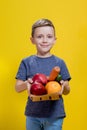 The boy holds a basket with fresh vegetables and fruits on a yellow background. Vegan and healthy concept