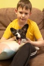 A boy holds a beautiful corgi puppy in his hands Royalty Free Stock Photo