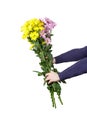 Boy holds a bouquet of yellow and pink chrysanthemums in his hands. Flowers as a gift. Mother`s day or birthday concept Royalty Free Stock Photo