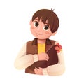Boy holds a chicken in his hands and hugs her Royalty Free Stock Photo