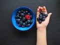 A boy holds in his hands fresh blueberries on black background Royalty Free Stock Photo