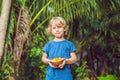 A boy holds a plate of mangoes on a background of palms Royalty Free Stock Photo