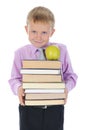 Boy holds a stack of books Royalty Free Stock Photo