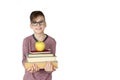 Boy holds stack of books Royalty Free Stock Photo