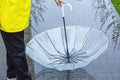 Boy holds transparent Umbrella in the puddle with reflection in the water after the rain. Rainy weather