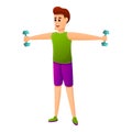 Boy home dumbbell exercise icon, cartoon style