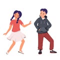 A boy in a hoodie and jeans and a girl in a skirt and shirt with blue hair and braids. Happy smiling kids dancing