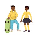 Boy in hoodie and jeans and girl in skirt and shirt with dark skin and black hair. Happy smiling African Americans kids