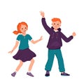 A boy in a hoodie and jeans and a girl in a skirt and shirt with red curly hair and freckles. Happy smiling kids dancing