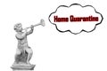 Boy with horn statue and Home Quarantine text