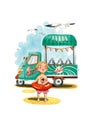 Ice cream gelato cart summer boy and seagull watercolor illustration