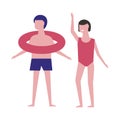 Boy with inflatable ring and girl in red swimsuit