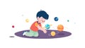 Boy Interacting with Planets, Imaginative Cosmic Play, vector design Generative AI Royalty Free Stock Photo
