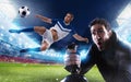 Boy with joystick plays with soccer video game Royalty Free Stock Photo