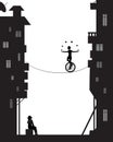 Boy juggles balls with unicycle on the rope in the city houses, dreams