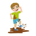 Boy Jumping In Dirt, Part Of Bad Kids Behavior And Bullies Series Of Vector Illustrations With Characters Being Rude And