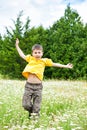 Boy jumping on flower meadow