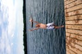 Boy jumping into lake Royalty Free Stock Photo