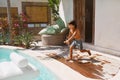 Boy Jumping In Pool. Kid Enjoying Sunny Day On Summer Vacation. Child Going To Jump In Water. Royalty Free Stock Photo