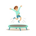 Boy Jumping On Trampoline, Kid Practicing Different Sports And Physical Activities In Physical Education Class