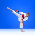 Boy in karategi beats roundhouse kick Royalty Free Stock Photo