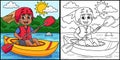 Boy Kayaking in Summer Coloring Page Illustration