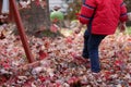 Boy Kicking Red Leaves In Autumn