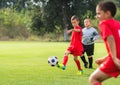 Boy kicking soccer ball Royalty Free Stock Photo