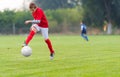 Boy kicking soccer ball