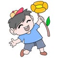Boy kid is carrying sunflowers happy to welcome spring, doodle icon image kawaii Royalty Free Stock Photo