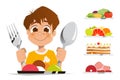 Boy kid child holding spoon and fork eating meal dish