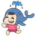 Boy kid is happy wearing whale costume, doodle icon image kawaii