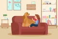 Boy kid with pet dog, child and doggy friend animal sitting on sofa in home living room