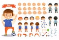 Boy kid playing football and toys vector cartoon child character constructor body parts icons